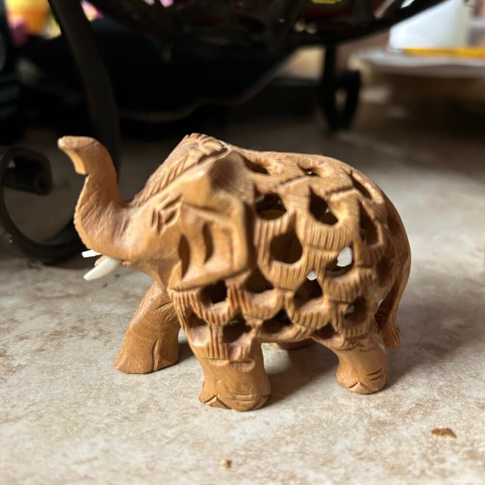 Wooden Hand Carved Lattice Work Elephant W Baby Carved Inside Body Of Mama 2"